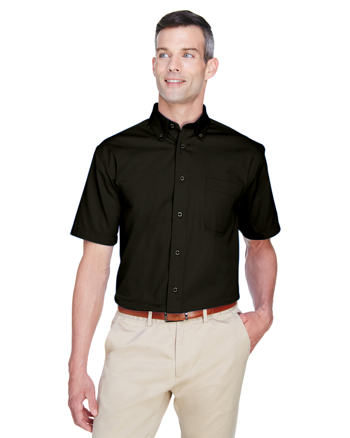 Harriton Men's Short-Sleeve Twill Shirt with Stain Release 